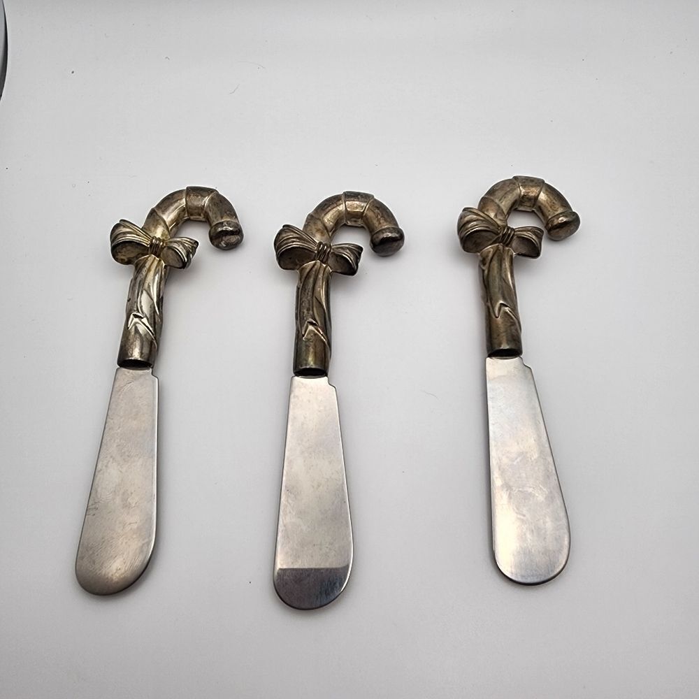 Stainless Steel & Silver Plated Set of 3 Candy Cane Condiment Spreaders